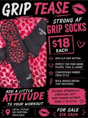 Grip Tease Strong AF Non-Slip Crew Socks - Black with Red Accents